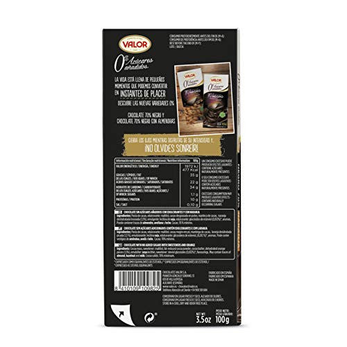 Valor - Chocolate Negro 70% con Naranja y Sin Azúcares Añadidos. Chocolate intenso y equilibrado. Todo el placer sin azúcar. Sin Glúten y Apto para Diabéticos - 100 Gramos (Cad: 31 03 2024) Online