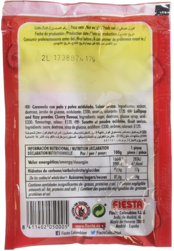 FIESTA Fresquito Caramelo con Palo en Sobre con Polvo Acidulado Sabor Cereza Embalaje Deteriorado (Cad: 30 03 2025) For Sale