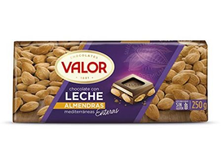 Valor - Chocolate con Leche con Almendras Mediterráneas Enteras - Sin Gluten - Chocolate con Leche y Almendras Valor - Chocolate Valor Suave - Tableta de 250 Gramos (Cad: 31 07 2024) Online now