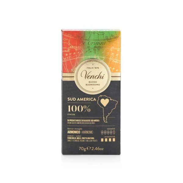 Venchi - Tableta América del Sur 100 %, 70 g - Chocolate Extra Negro 100 % Altamente Aromático - Vegano - Sin Gluten For Sale