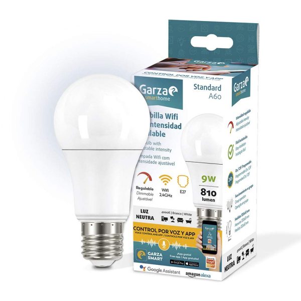 Bombilla LED WiFi Garza 401271 Smarthome 9 W 810 LM Estándar E27 Inteligente y programable, Cambio de intensidad, Control por voz y aplicación, Alexa, iOS, Google, Android, Blanco Reacondicionado Online Sale