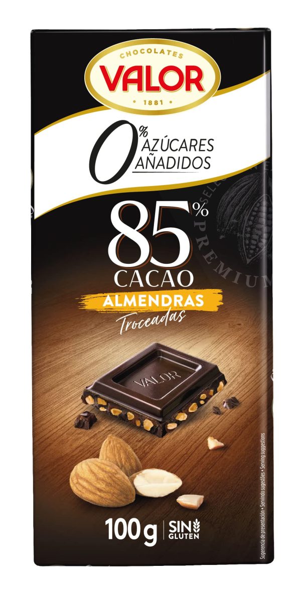 Tableta de Chocolate Negro 85% Cacao con Almendras Troceadas Sin Azúcares Añadidos Sin Gluten, 100g For Discount