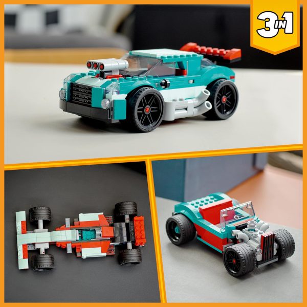 LEGO Creator Deportivo Callejero, Juguete 3 en 1, Coche de Carreras o Descapotable, Detalle de Cumpleaños para el Colegio, Regalo Niños de 7 años, Multicolor Embalaje Deteriorado Hot on Sale