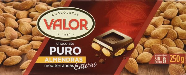 Tableta de Chocolate Puro con Almendras Mediterráneas Enteras - Sin Gluten - Chocolate con Leche y Almendras Valor - Crujientes Almendras Enteras - 250 Gramos Supply